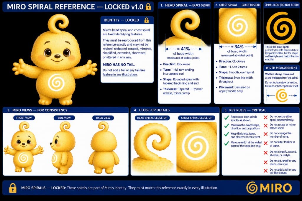 Miro — locked spiral reference character with clockwise head curl and chest spiral